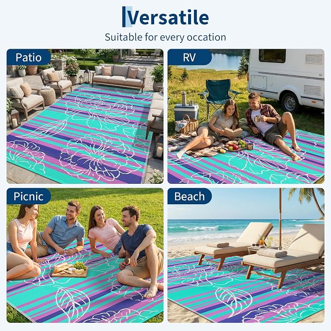 Garvee 10x14 Outdoor Waterproof Rug, Floral Outdoor Area Rug，Reversible Plastic Straw Patio Rug, Portable Camping Mat for RV, Picnic, Beach, Balcony, Garden & Camping Purple&Blue
