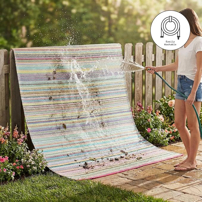 Fab Habitat Outdoor Rug - Waterproof, Fade Resistant, Crease-Free - Premium Recycled Plastic - Striped - Patio, Porch, Deck, Balcony - Cancun - Candy - 5 x 8 ft