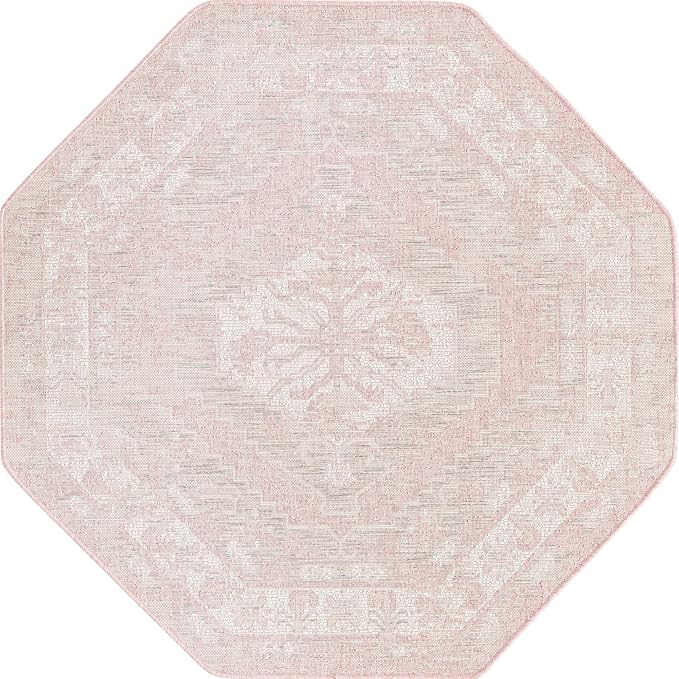 Unique Loom Outdoor Traditional Collection Area Rug - Valeria (5' 3" Octagon, Pink/ Ivory)