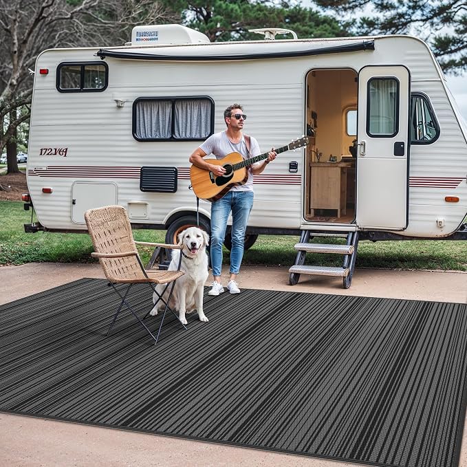 GENIMO Outdoor Rug for Patio Clearance, 6'x9' Reversible Plastic Straw Rugs, Lightweight Waterproof RV Camping Mat for Camper, Balcony, Deck, Backyard, Picnic, BlackGray