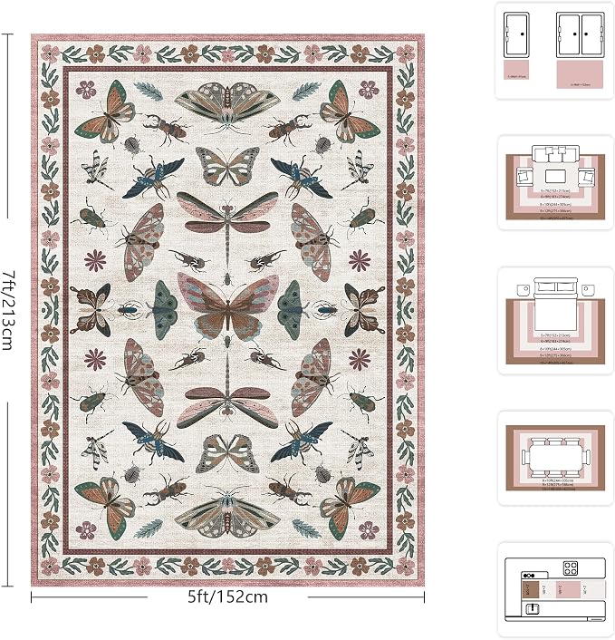 Area Rug 5x7, Insect Ultra Soft Washable Rug Non Slip with Rubber Back, Stain Resistant Rugs for Living Room, Bedroom, Dining Room, Kids Room(Pink Butterfly)