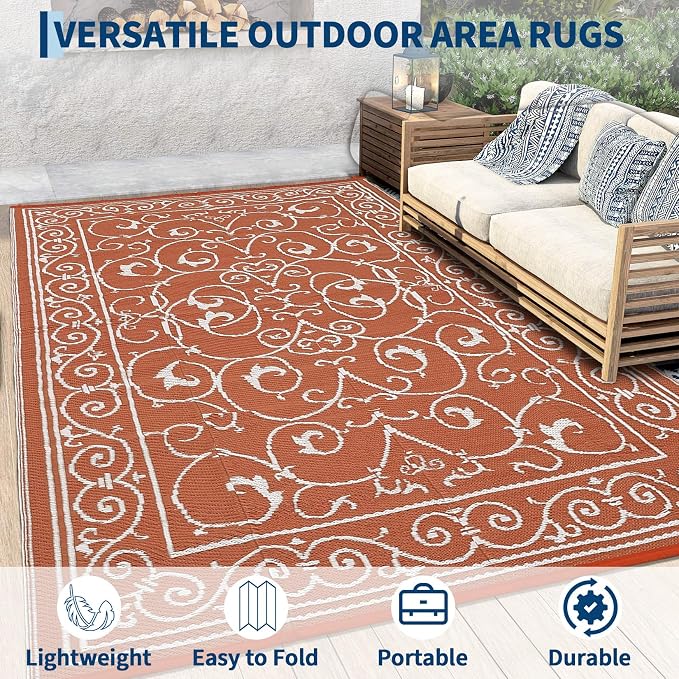 Garvee Outdoor Rug 9x18 Outdoor Patio Rug Reversible Plastic Straw Rugs Waterproof Foldable Mat Easy Clean Lightweight Carpet for Backyard Camping Porch RV Beach Balcony Deck Picnic Vintage Orange