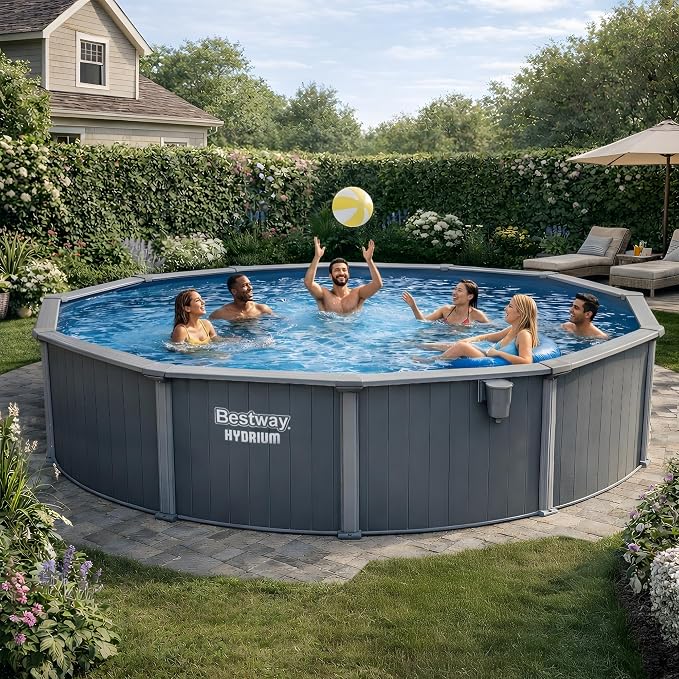 Bestway Hydrium 18' x 52" Steel Side Wall Above Ground Pool with Pump | Semi-Permanent All-Season Pool, Galvanized Steel Frame - Sand Filter Pump, Ladder, and Polysphere Filtration Balls Included