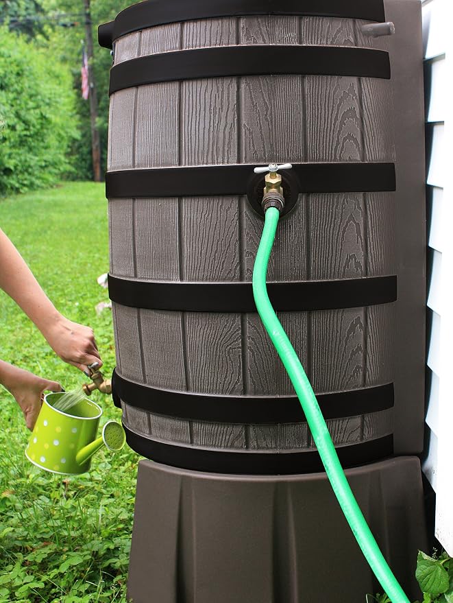 Good Ideas Rain Wizard 50 Gallon Plastic Rain Water Collection Barrel Stand, Oak