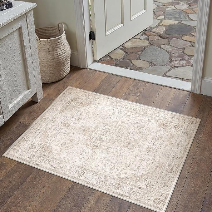 2x3 Entryway Area Rug Vintage Beige Small Rug Machine Washable Door Mat Neutral Floral Low Pile Carpet Vacuumable Thin Throw Rug Entrance Kitchen Bathroom Bedroom Non Slip Lightweight