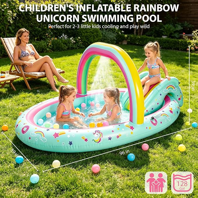 SULIFEEL Rainbow Unicorn Inflatable Play Center Kiddie Pool with Slide and Sprinkler for Children, 96''x59''x39'' Baby Pool for Backyard and Garden