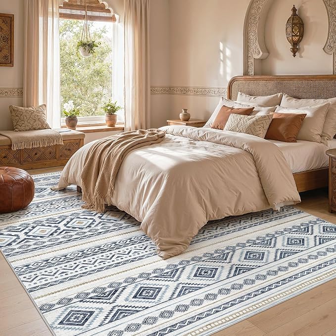cotiled Boho 12x15 Area Rug for Living Room: Large Moroccan Washable Rug | Solve Modern Neutral Trendy Home Decor - Stain Resistan Carpet for Bedroom Farmhouse Blue