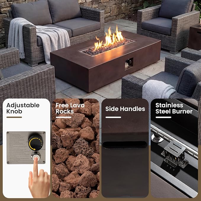 COSIEST Outdoor Propane Fire Pit Table 56-inch x 28-inch Rectangle Bronze Compact Concrete-Like Finish, 50,000 BTU, Free Lava Rocks, Fits 20lb Tank Outside, Raincover