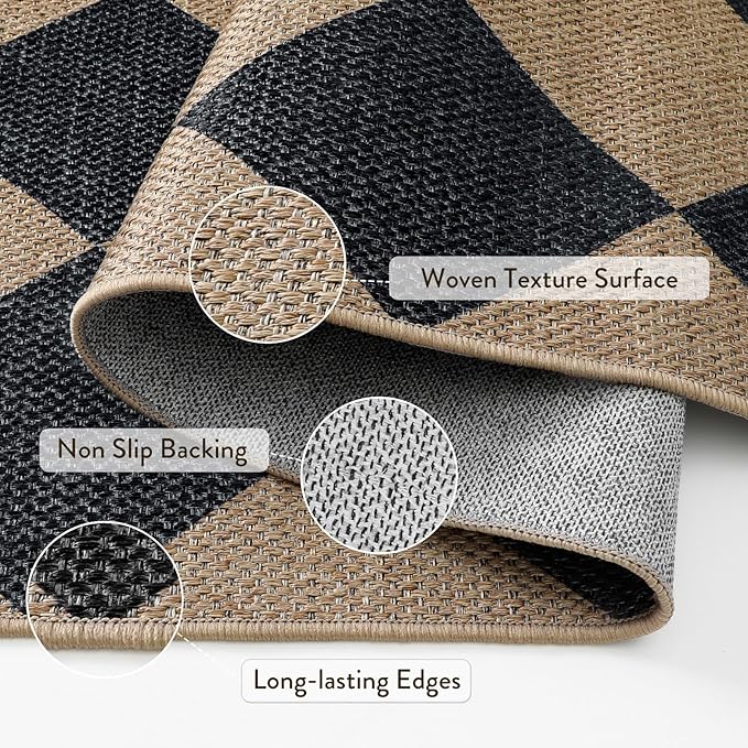 Lahome Checkered Easy Jute Non Slip Kitchen Runner, 2'6"x8' Washable Hallway Runner Rug Outdoor Black Carpet for Entryway Indoor, Checkerboard Indoor Outdoor Carpet for Hallway 8ft Entry