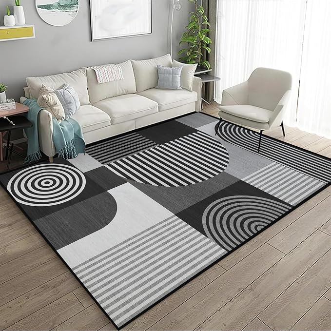 Grey Geometric Rug 3x5 for Bedroom Living Room Black White Mid Century Modern Rug Machine Washable Gray Minimalist Line Rugs Non Slip Low Pile Mat Indoor Floor Carpet for Bathroom Laundry