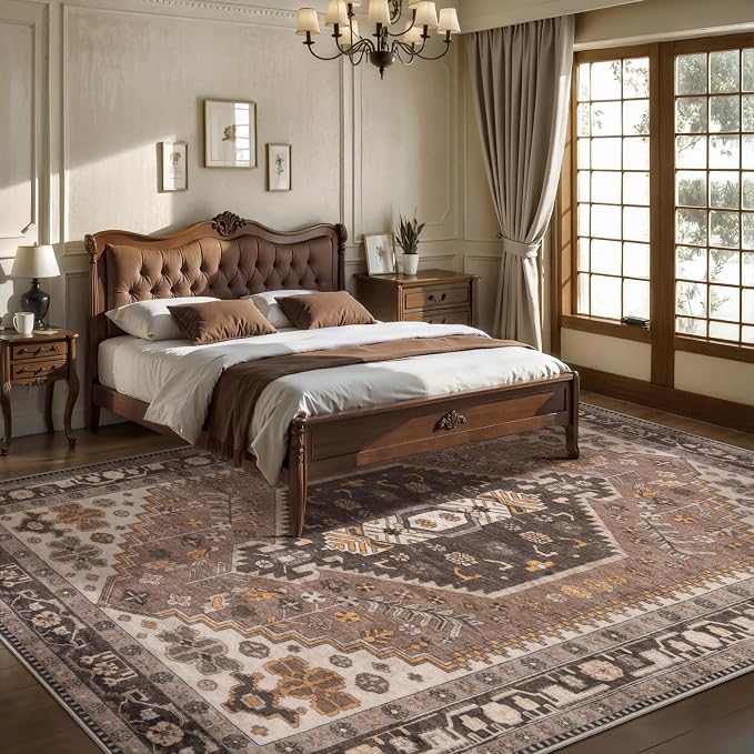 Ciicool 8x10 Area Rugs for Living Room,Washable Large Boho Throw Carpet | Oriental Low-Pile Hazel Vintage Non-Slip Indoor Carpet for Kitchen Bedroom Bedside Laundry Bathroom Dining Room Decor
