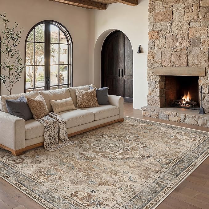 Brown Area Rug 9x12 Living Room Vintage Floral Non-Slip Carpet | Machine Washable, Soft, Low Pile, Distressed, Large for Bedroom, Dining Room, Office, Retro Farmhouse Decor