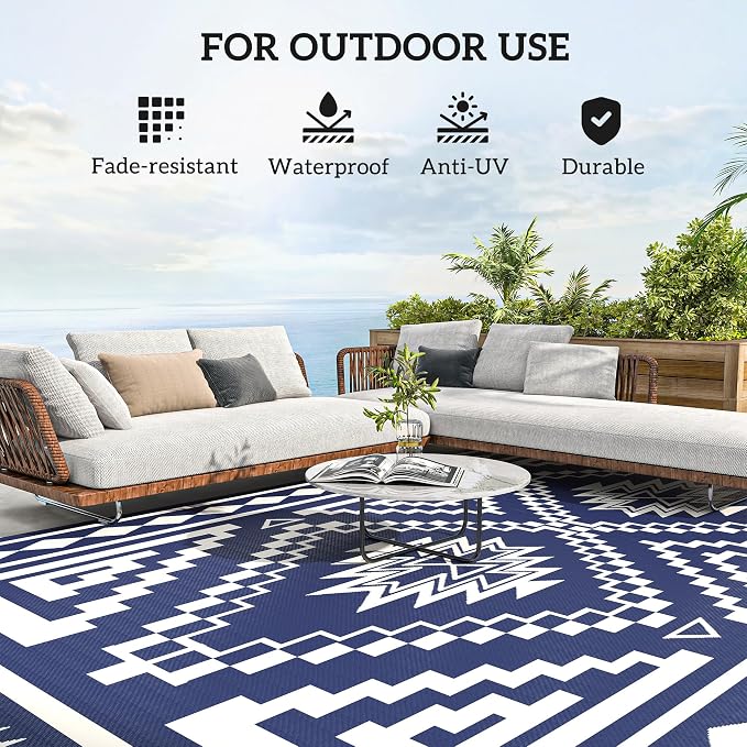 Outsunny Outdoor Rug for Patio, 9' x 18' Waterproof Large Mat, Reversible Plastic Straw Rug for Decor, Portable Outside RV Camping Area Carpet Mat for Backyard Porch Deck Picnic, Blue & White Square