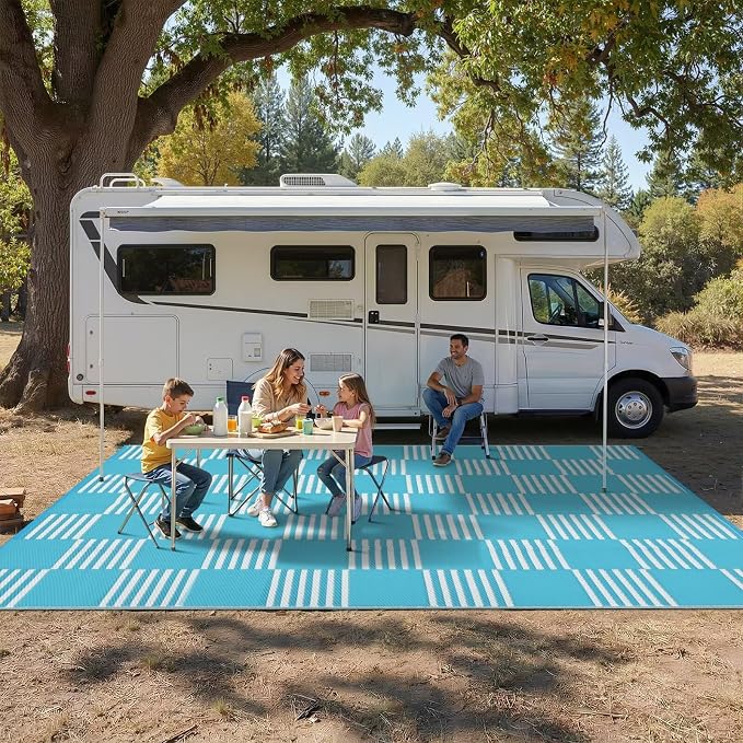 Garvee Waterproof Outdoor Rug 10x20, Checkered Foldable Plastic Straw Patio Camping Rug, Outdoor RV Carpet for Deck Camper Porch Balcony Backyard Picnic Beach Blue and White