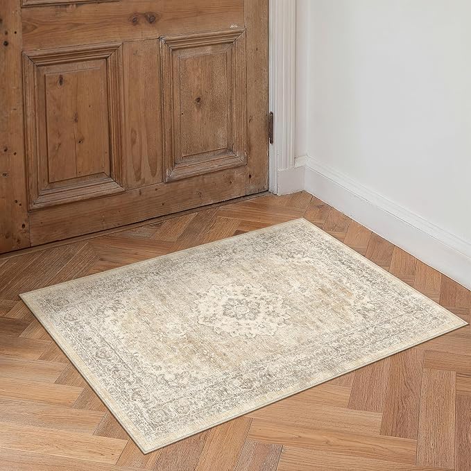 2x3 Taupe Washable Area Rug Non Slip Vintage Carpet | Low Pile, Stain Resistant, Living Room, Kitchen, Bedroom, Entryway, Nursery, Laundry Room, Hallway, Soft, Thin, Lightweight