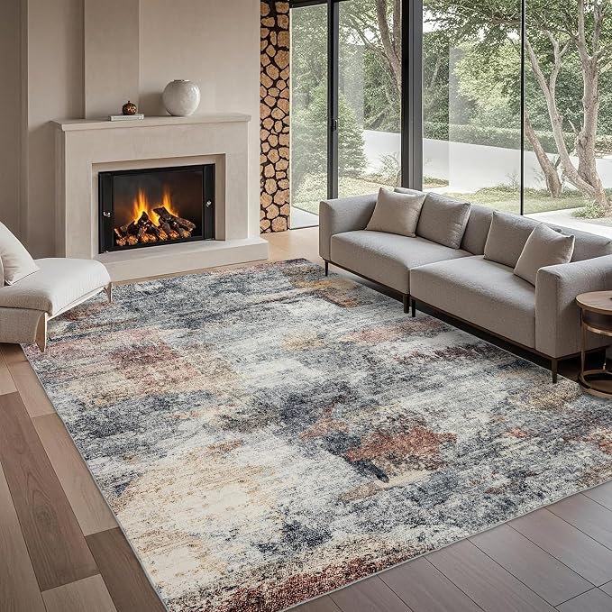 Washable 10x14 Area Rug: Modern Large Rugs for Living Room Dining Room Bedroom Office Indoor - Non-Slip Carpet Home Decor - Rustic Black Brick