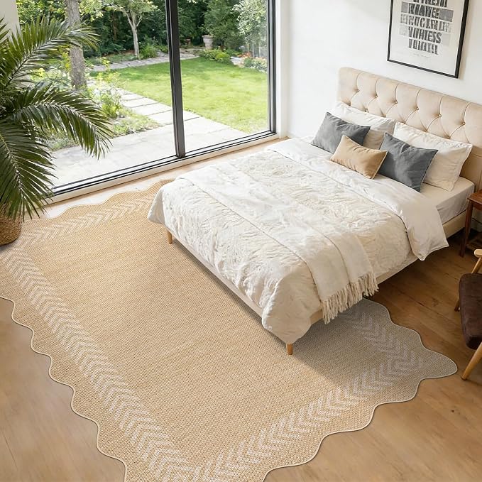 Garvee 5x7 Area Rugs Easy Jute Washable Rugs Living Room, Beige | Scalloped Area Rug Stain Resistant Easy Cleaning Throw Rugs Non Shedding Low Pile Floor Cover for Nursery Dining Room