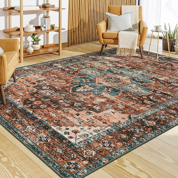 Moynesa Ultra-Thin Washable 10x14 Area Rugs for Living Room, Boho Large Living Room Rug Non Slip,Vintage Oriental Indoor Floor Carpet for Dining Room Table Dorm Home Office Decor, Brick Red