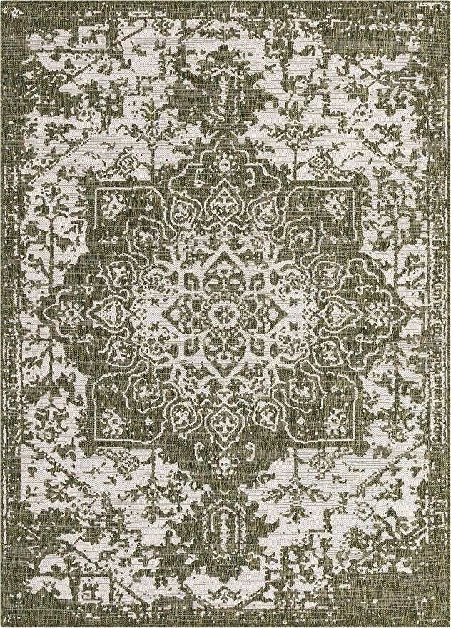 Unique Loom Outdoor Collection Area Rug - Dubai (5' 3" x 8' Rectangle, Green/ Ivory)