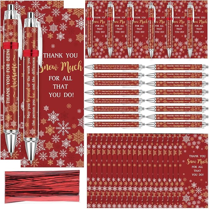 Tenceur 50 Sets Winter Pens Bulk Thank You Snowflake Ballpoint Pens Employee Appreciation Gift Inspirational Coworker Gift with Cards Twist Ties for Office Coworker Staff Nurse Teacher(Red)