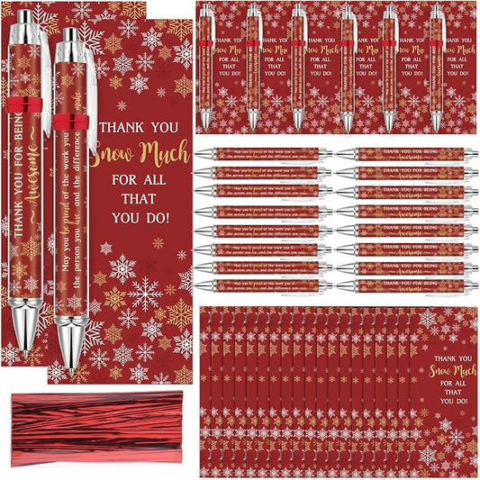 Tenceur 50 Sets Winter Pens Bulk Thank You Snowflake Ballpoint Pens Employee Appreciation Gift Inspirational Coworker Gift with Cards Twist Ties for Office Coworker Staff Nurse Teacher(Red)