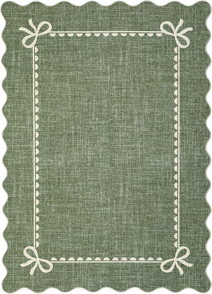 GarveeHome Scalloped Bow Rug 8x10 Washable Green Rug for Living Room | Non Slip Soft Low Pile Indoor Large Carpet for Nursery Girls Bedroom Decor Hallway Kids Room College Dorm Playroom