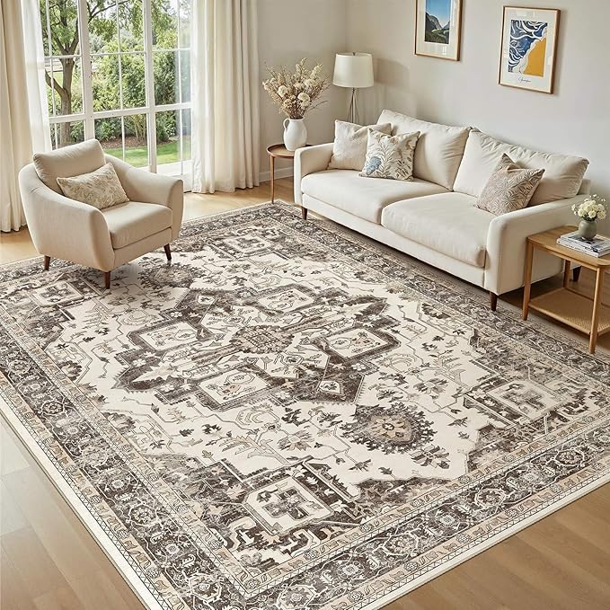 Vintage Washable 5x7 Area Rug for Living Room, Dark Brown | Soft Low Pile Rug with Non-Slip Backing, Stain Resistant for Bedroom or Dining Room, Kid & Pet Friendly