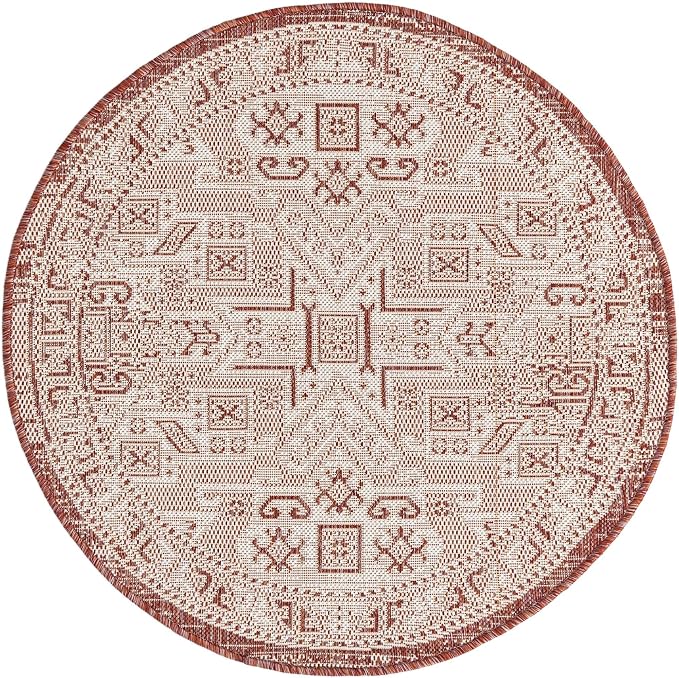 Unique Loom Outdoor Aztec Collection Area Rug - Coba (3' 3" Round, Rust Red/ Ivory)