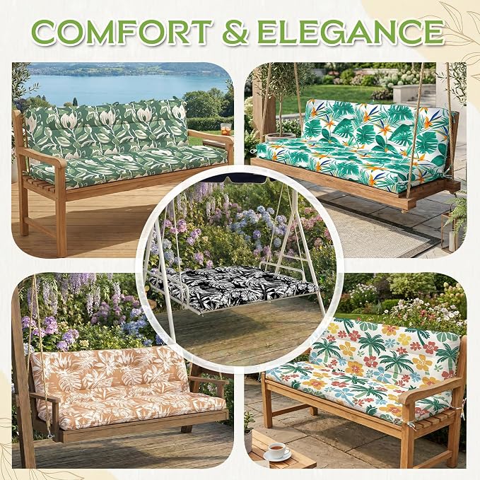 Outdoor Swing Cushion with Backrest, Tie Straps & Memory Foam - Replacement for Porch Bench 2/3 Seater, Oxford Fabric (Tulip Green, 60 INCH × 40 INCH)