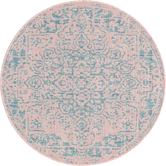 Unique Loom Jill Zarin Jill Zarin Outdoor Collection Area Rug - Dubai (3' 3" Round, Pink and Aqua/Light Blue)