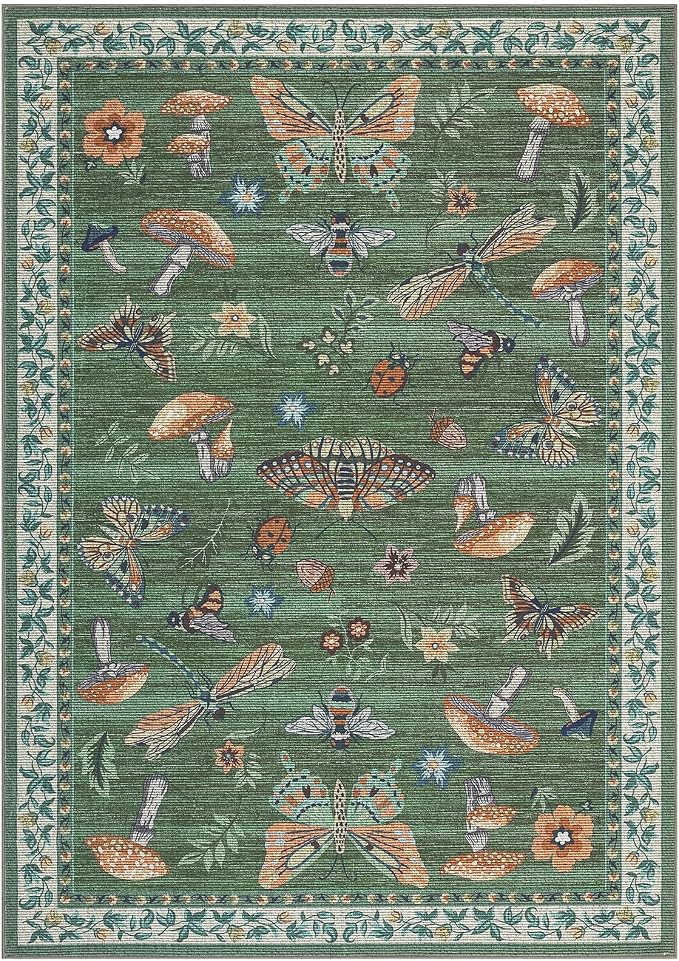 ROYHOME Mushroom Washable Rug 5x7 Area Rugs for Living Room, Insect Print for Bedroom, Non Slip Throw Rugs with Rubber Back, Soft Low Pile Dining Room Carpet for Under Table, Green
