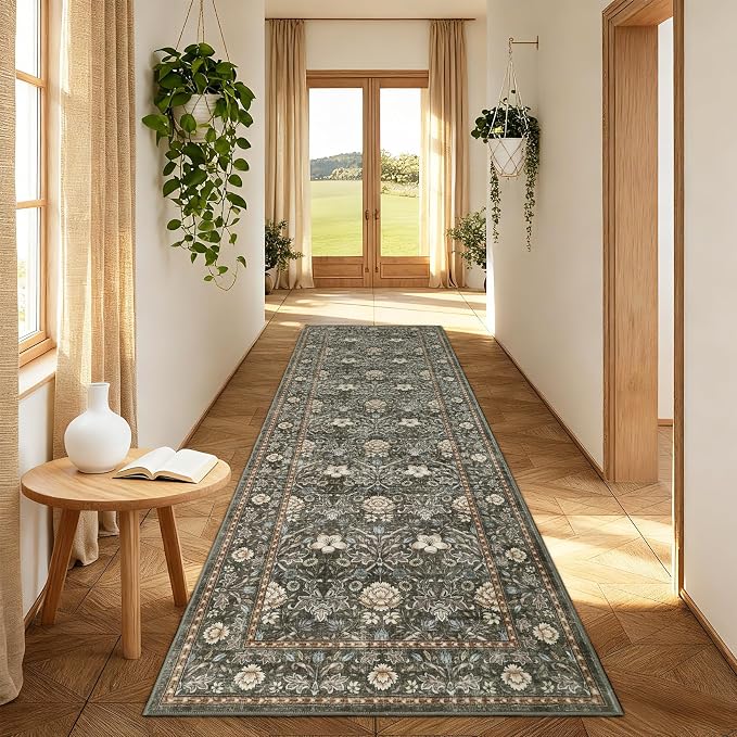 GarveeHome Washable Runner Rug 2x6, Non Slip Floral Kitchen Runner for Hallway Entryway Laundry Bathroom Mat Farmhouse Thin Stain Resistant Carpet for Bedroom Beside Rug