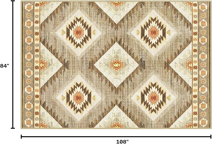 7'x9' Washable Area Rug for Living Room Bedroom Cream/Camel | Soft Western No Slip Low Pile Print Foldable Indoor for Kitchen Dining Room