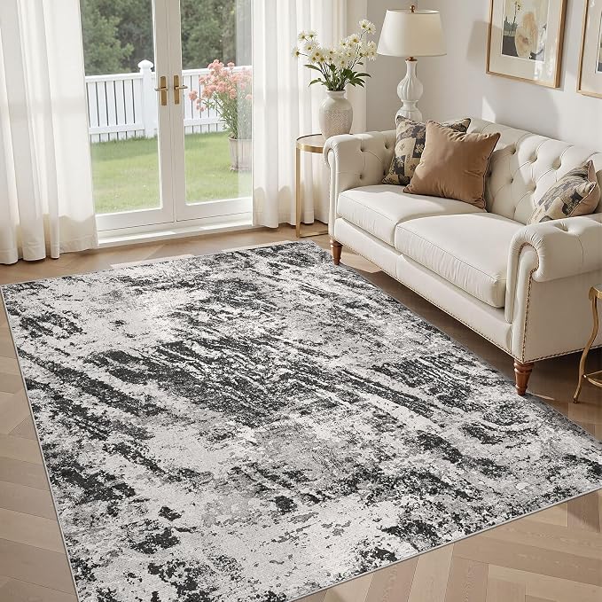 DMOYEST 6x9 Area Rug for Living Room Washable Abstract Indoor Carpet | Neutral Modern Low Pile Rugs Kid & Pet Friendly Soft Thin Carpet for Bedroom Dining Room and Office - Light Black