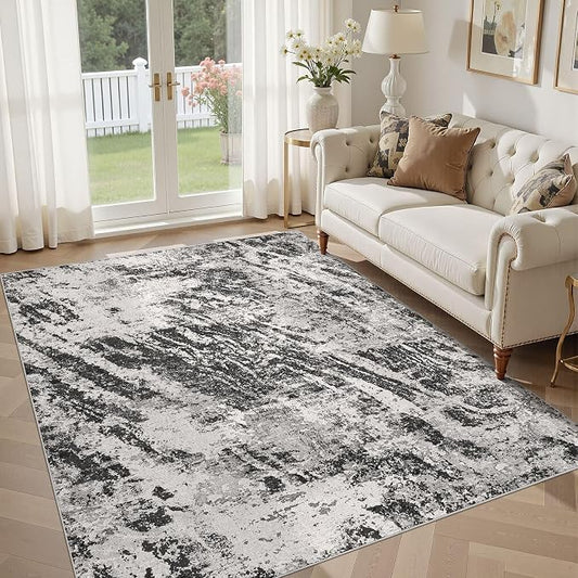 DMOYEST 6x9 Area Rug for Living Room Washable Abstract Indoor Carpet | Neutral Modern Low Pile Rugs Kid & Pet Friendly Soft Thin Carpet for Bedroom Dining Room and Office - Light Black