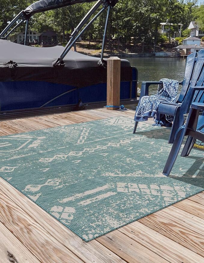 Unique Loom Outdoor Bohemian Collection Area Rug - Anthro (10' 8" Square Light Aqua/Ivory)