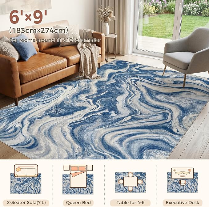 DMOYEST 6x9 Area Rug for Living Room Washable Abstract Indoor Carpet | Neutral Modern Low Pile Rugs Kid & Pet Friendly Soft Thin Carpet for Bedroom Dining Room and Office - Navy Blue