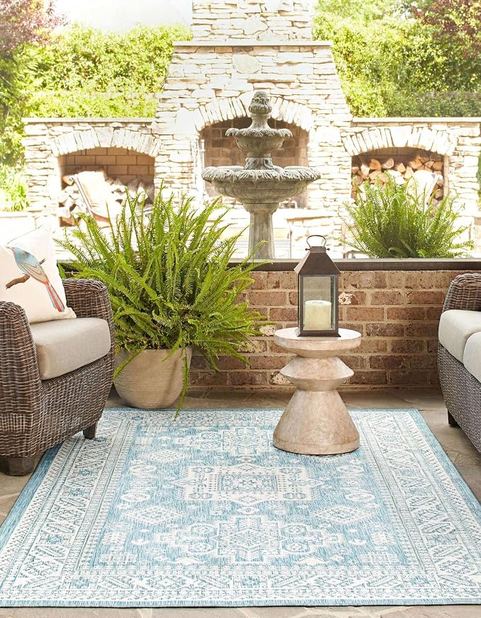 Unique Loom Outdoor Aztec Collection Area Rug - Chalca (7' 1" x 10' Rectangle, Aqua/ Ivory)