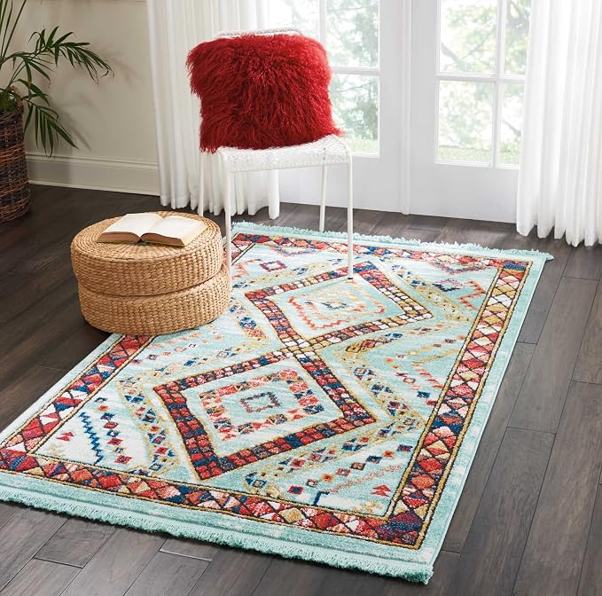 Nourison Home Tribal Decor Aqua 3'11" x 6'2" Area Rug - Easy Clean, Non Shedding, Bed Room, Living Room, Dining Room, Kitchen (4' x 6')