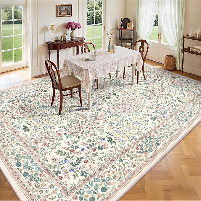 9x12 Area Rugs, Machine Washable Low Pile Floral Rugs for Living Room, Bedroom, Large Boho Area Rug with Non-Slip Backing for Dining Room(Pink Floral)