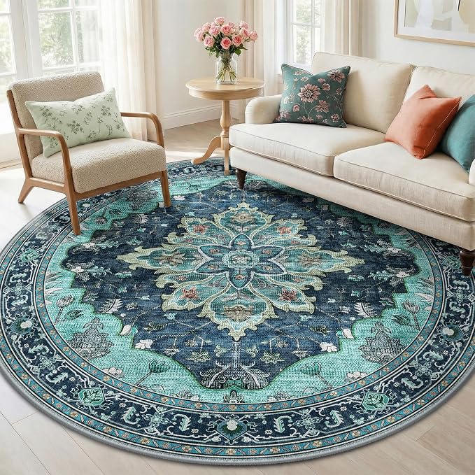 RELEANY Washable Area Rug, Round 6ft, Teal | Non-Slip, Water Repellent, Pet Friendly, Easy to Clean, Vintage Floral Boho Decor for Living Room Bedroom Dining Room