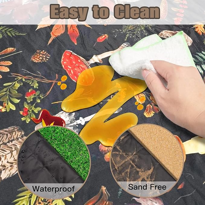 Picnic Blankets Extra Large Waterproof, 80"x 80"Fall Mushroom Beach Mat with Corner Pockets Windproof Sandproof Foldable Portable 3-Layer Mat Darker for Wet Grass,Parks,Music Festival,Camping,Concerts