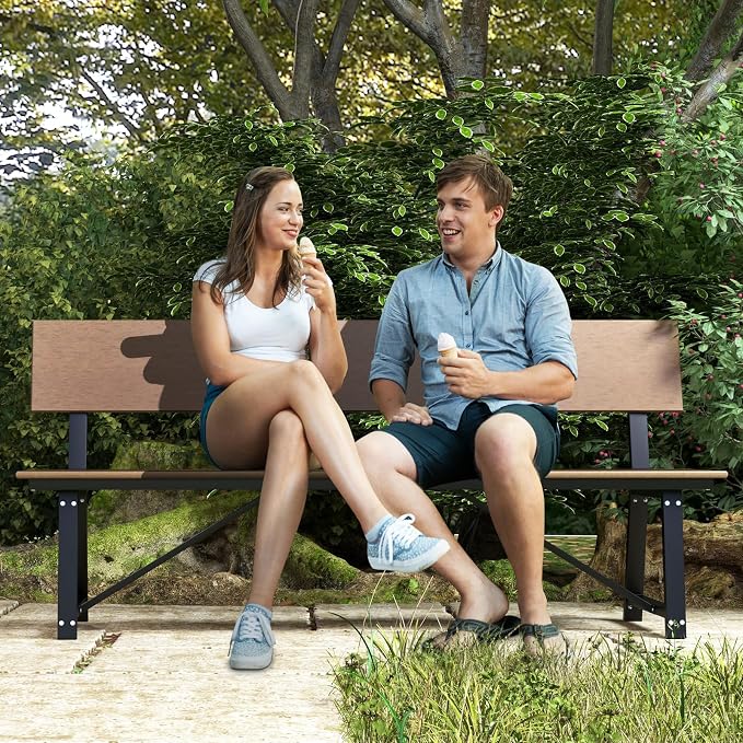 Giantex 72 Inches 4-Person Outdoor Bench with Weatherproof HDPE Backrest & Seat, Heavy Duty Metal Frame, 1100 Lbs Capacity, Park Bench for Lawn, Porch, Deck, Patio, Garden (1, Brown)