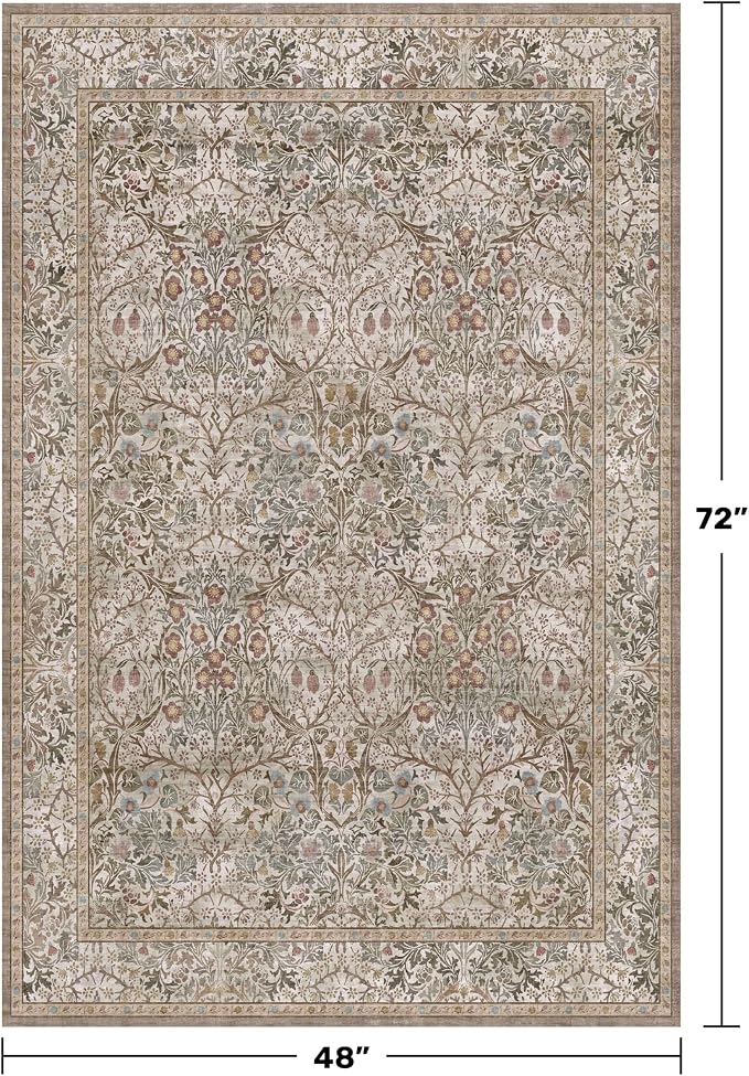 Vintage 4x6 Entryway Rug, Washable Area Rugs for Mudroom, Bedside Rugs Bedroom, Large Kitchen,Living Room, Office, Dorm, Non-Slip Low Pile Soft Stain Resistant Carpet Floral Moss Green Taupe Decor