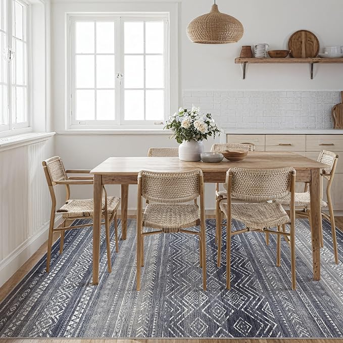 Tortania Area Rug Living Room Rugs- 9x12 Washable Large Soft Neutral Boho Moroccan Bohemian Farmhouse Rug Indoor Floor Carpet for Bedroom Under Dining Table Home Office Decor - Blue Gray
