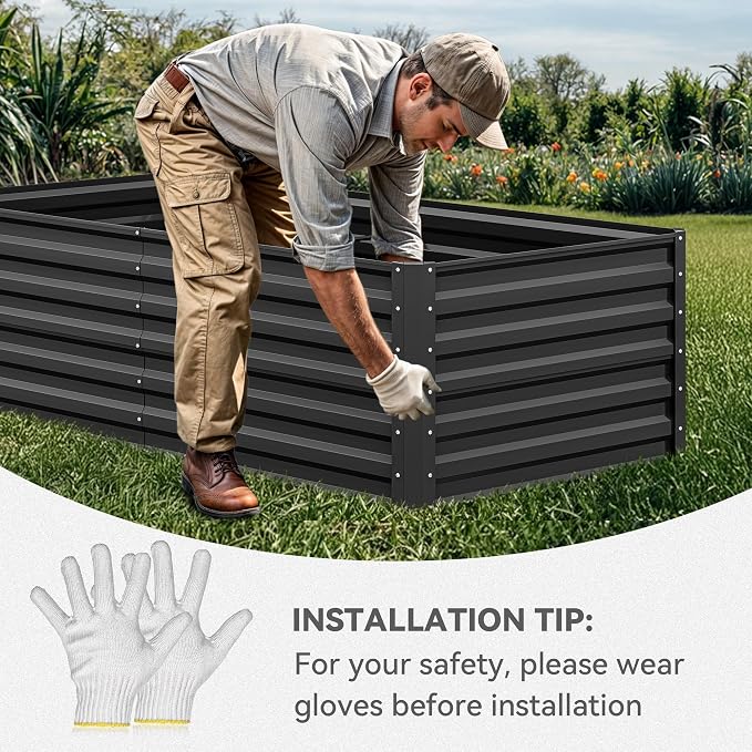 YITAHOME 6x3x2 ft 4pcs Galvanized Raised Garden Bed Kit, Large Metal Planter Box with Gloves & Support Rod, Outdoor Flower Bed for Plants Vegetables, Black