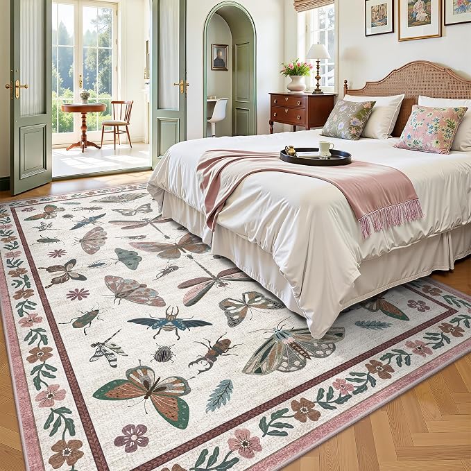 Area Rug 5x7, Insect Ultra Soft Washable Rug Non Slip with Rubber Back, Stain Resistant Rugs for Living Room, Bedroom, Dining Room, Kids Room(Pink Butterfly)