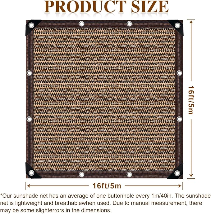 Shade Cloth,80% Sunblock Net with Metal Grommets and Reinforced Edges,Garden Sun Shade Netting,Used in Courtyards,Balconies,Carports,Greenhouse, Plants Growing,Chicken Coop Patios etc.16x16FT