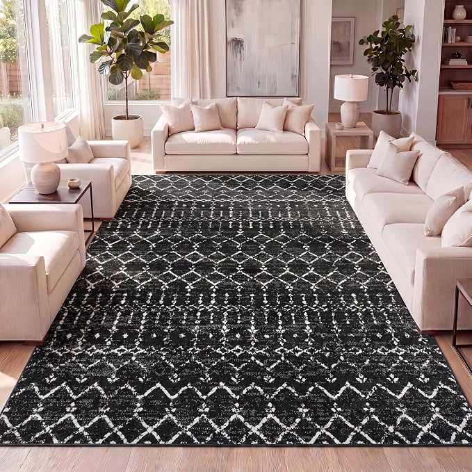 JONATHAN Y Boho Vintage Diamond Black/Ivory Indoor Area Rug 9X12 ft, Moroccan Hype for Living Room, Bedroom, Kitchen, Office, Easy-Cleaning, High Traffic, Pet-Friendly, Non-Shedding (MOH101D-9)