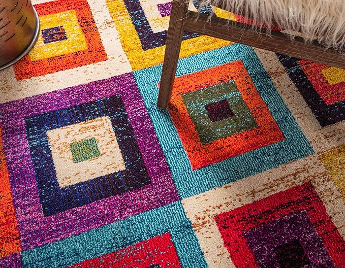 Unique Loom Estrella Collection Colorful, Geometric, Squares Modern, Abstract Area Rug (2' 7 x 10' 0 Runner, Multi/Beige)